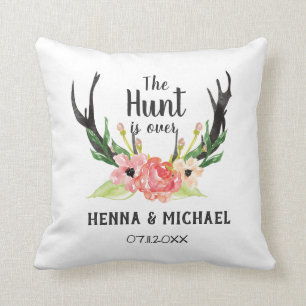 Rustic Watercolor Floral Boho Hunt is Over Wedding Throw Pillow