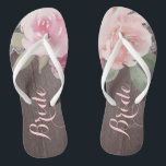 Rustic watercolor floral bride wedding flip flops<br><div class="desc">Romantic hand-drawn watercolor pastel pink and peach roses floral design with white vintage lace on rustic wood grain background. Chic and elegant,  great flip flop for bride in vintage wedding,  rustic wedding or country wedding in spring.
See all the matching pieces in collection below.</div>