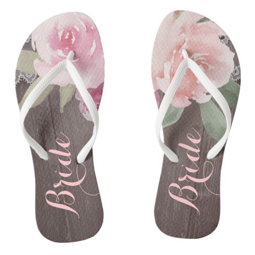 Rustic watercolor floral bride wedding flip flops