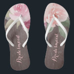 Rustic watercolor floral bridesmaid wedding flip flops<br><div class="desc">Romantic hand-drawn watercolor pastel pink and peach roses floral design with white vintage lace on rustic wood grain background. Chic and elegant,  great flip flop for bridesmaid in vintage wedding,  rustic wedding or country wedding in spring.
See all the matching pieces in collection below.</div>