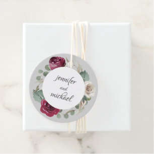 Rustic Watercolor Floral Burgundy and White Roses Favor Tags