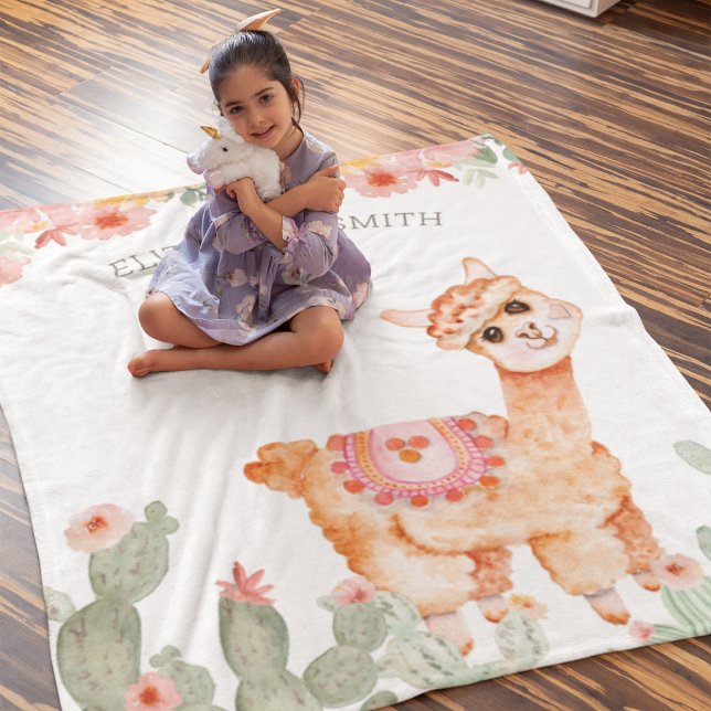 Rustic Watercolor Floral Cactus Llama Fleece Blanket (Creator Uploaded)