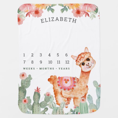 Rustic Watercolor Floral Cactus Llama Milestone Baby Blanket