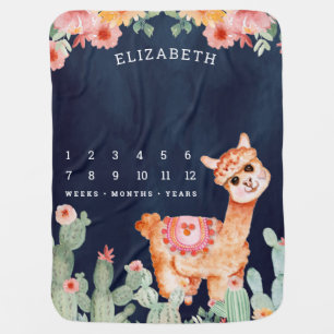 Rustic Watercolor Floral Cactus Llama Milestone Baby Blanket