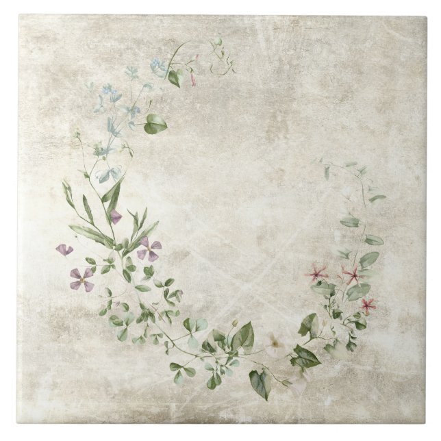 Rustic Watercolor Floral Ceramic Tile (Front)
