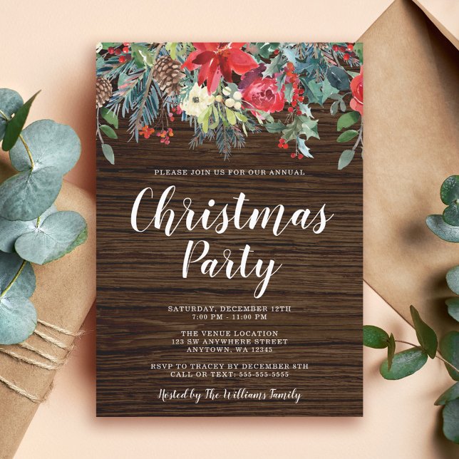 Rustic Watercolor Floral Christmas Party Invitation (Creator Uploaded)