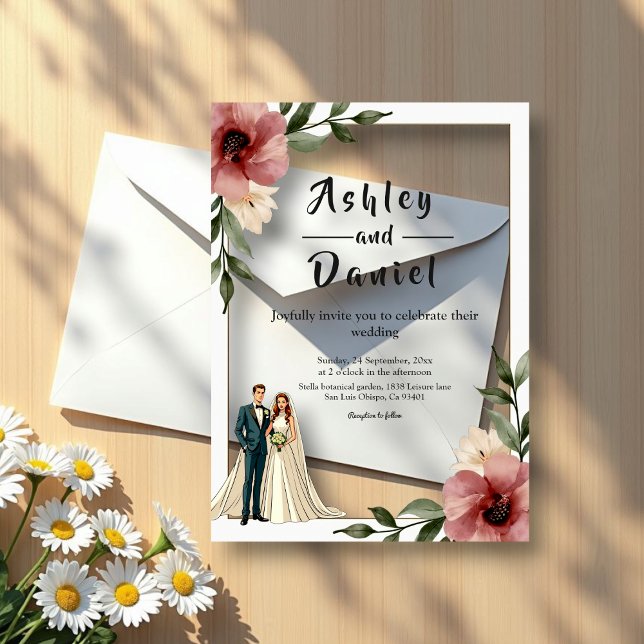 Rustic Watercolor Floral Couple Summer Wedding Acrylic Invitations (Creator Uploaded)