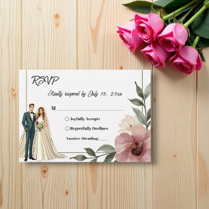 Rustic Watercolor Floral Couple Summer Wedding RSVP Card