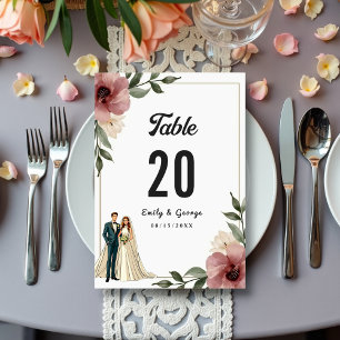Rustic Watercolor Floral Couple Summer Wedding Table Number