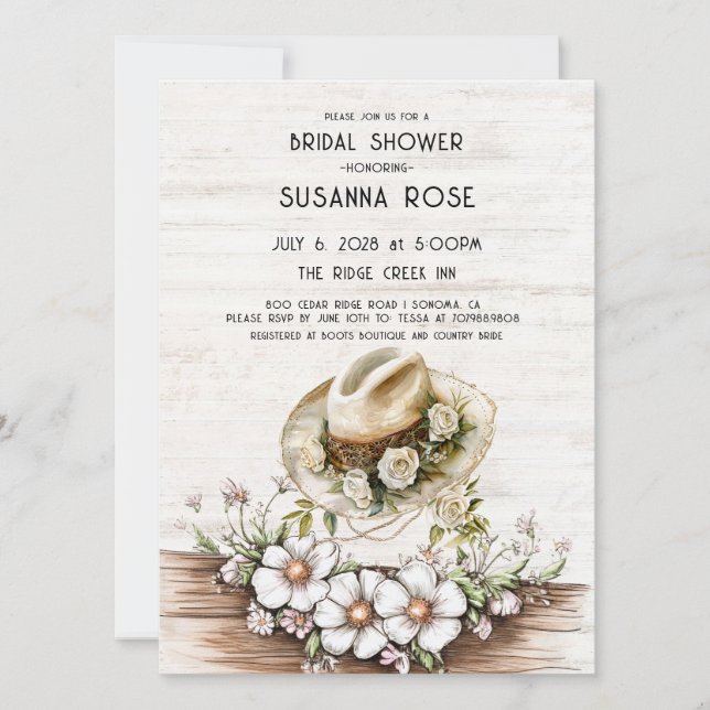 Rustic Watercolor Floral cowgirl Hat Bridal Shower Invitation (Front)