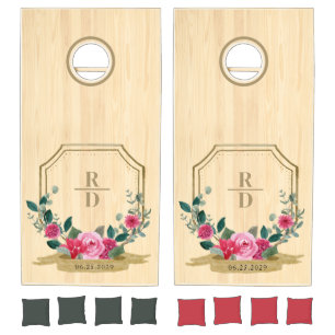 Rustic Watercolor Floral Crest Garden Wedding Cornhole Set