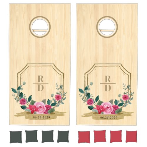 Rustic Watercolor Floral Crest Garden Wedding  Cornhole Set