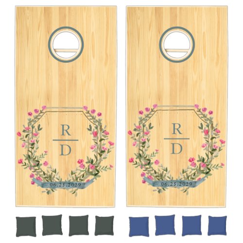 Rustic Watercolor Floral Crest Garden Wedding  Cornhole Set