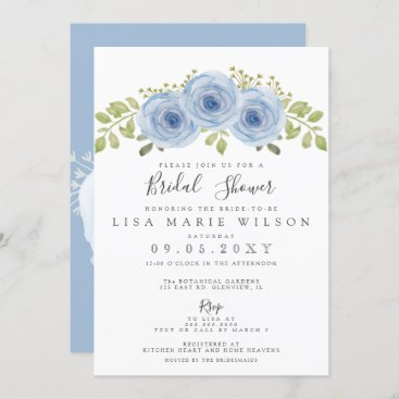 Rustic Watercolor Floral Dusty Blue Bridal Shower Invitation
