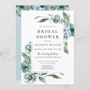 Rustic Watercolor Floral Dusty Blue Bridal Shower Invitation