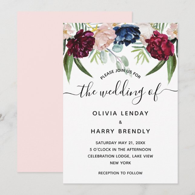 Rustic Watercolor Floral Elegant Wedding Invitation (Front/Back)