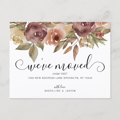 Rustic Watercolor Floral Fall Script Moving Announcement Postcard