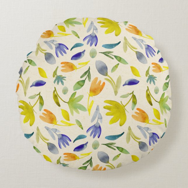 Rustic Watercolor Floral Garden Botanical Round Pillow (Front)