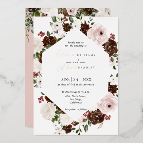 Rustic Watercolor Floral Geometric Wedding Foil Invitation