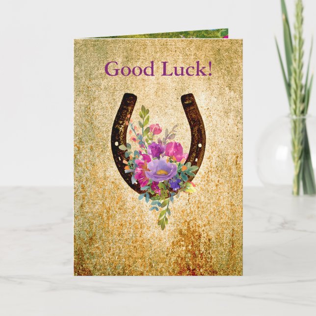Rustic watercolor floral good luck horseshoe card (Front)