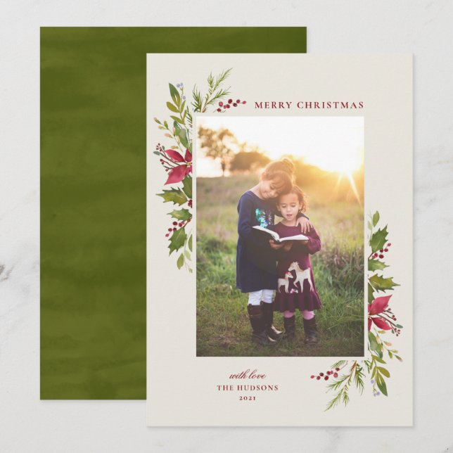 Rustic Watercolor Floral Green Holiday Card (Front/Back)