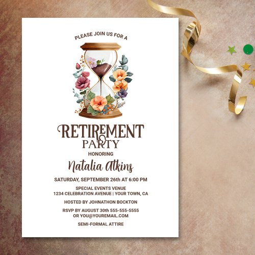 Rustic Watercolor Floral Hourglass Retirement Invitation