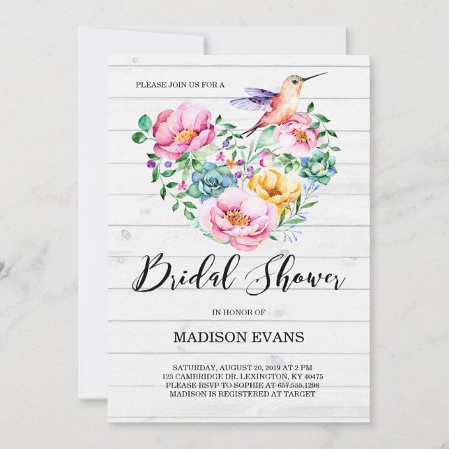 Rustic Watercolor Floral Hummingbird Bridal Shower Invitation (Front)