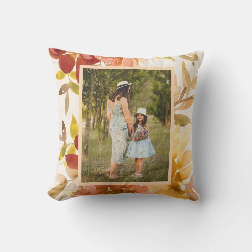 Rustic Watercolor Floral Illustration Family Photo Throw Pillow