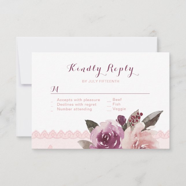 Rustic watercolor floral lace fall wedding RSVP (Front)