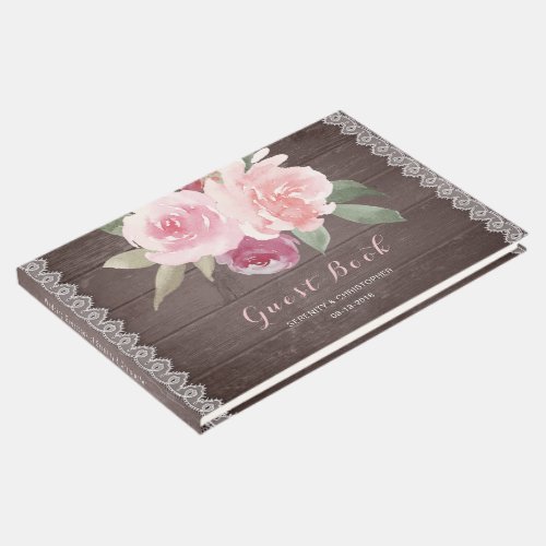 Rustic watercolor floral lace wedding guest book