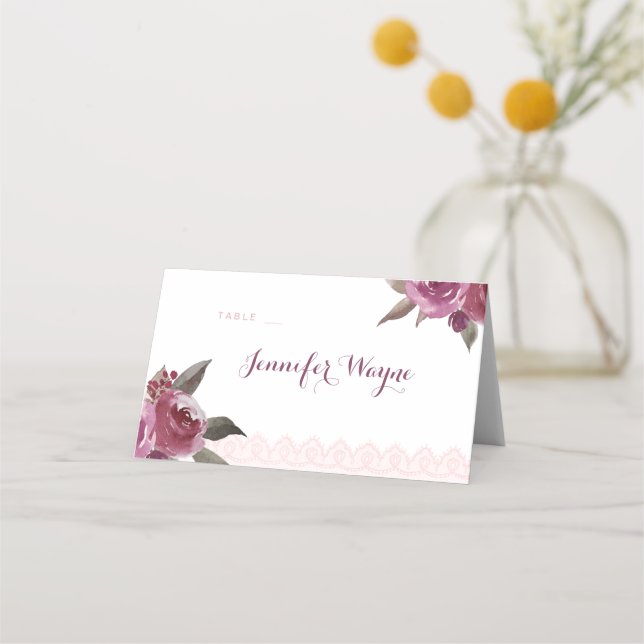 Rustic watercolor floral lace Wedding place cards (Front)