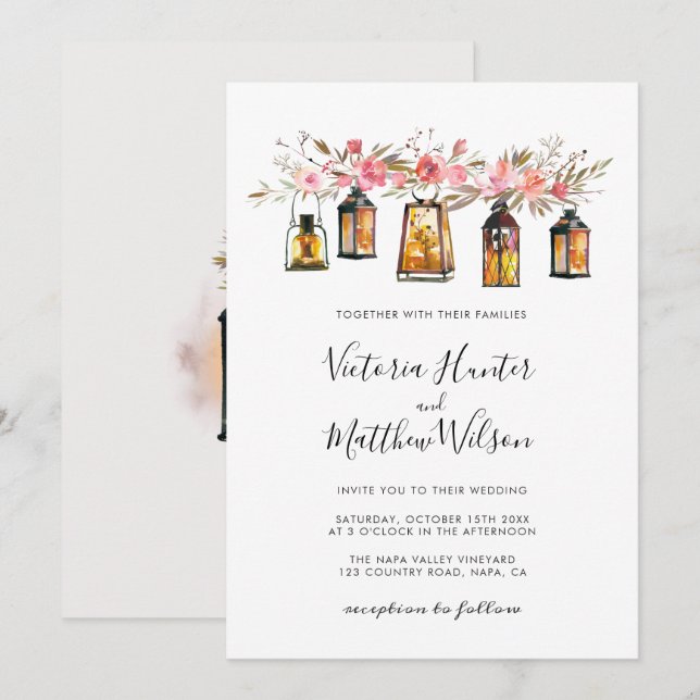 Rustic Watercolor Floral Lantern Wedding Invitation (Front/Back)