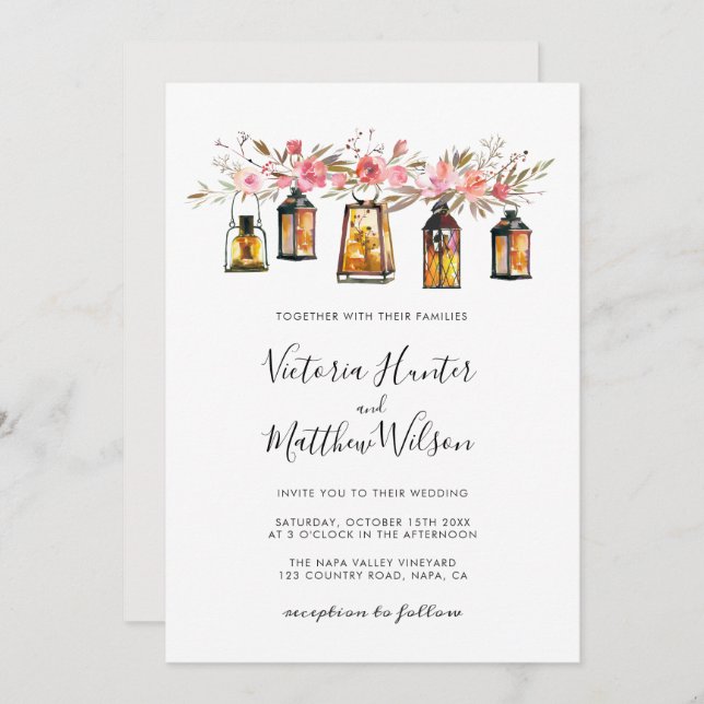 Rustic Watercolor Floral Lantern Wedding Invitation (Front/Back)