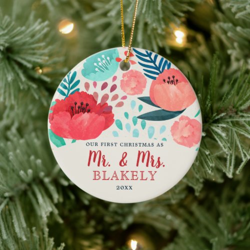 Rustic Watercolor Floral Newlywed Personalized Ceramic Ornament