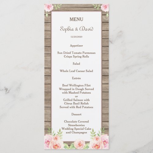 Rustic Watercolor Floral Old Wood Wedding Menu