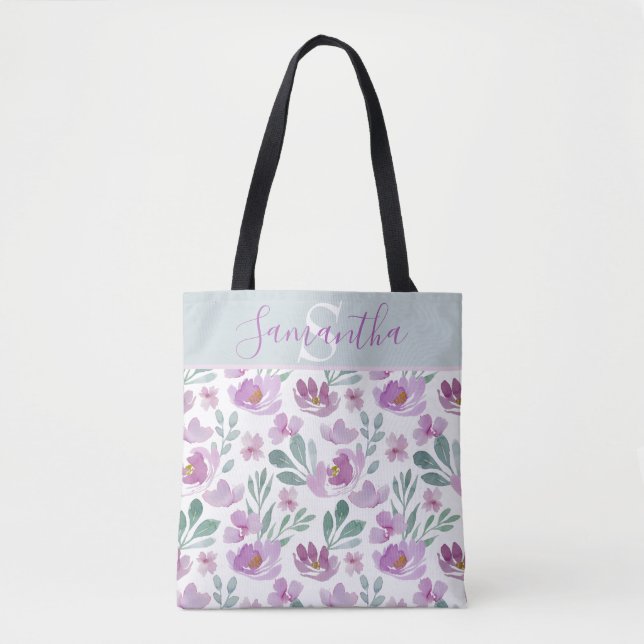 Rustic Watercolor Floral Pattern Monogram Tote Bag (Front)