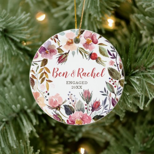 Rustic Watercolor Floral Personalized Engagement Ceramic Ornament