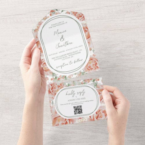 Rustic Watercolor Floral Sage Green Blush Wedding  All In One Invitation