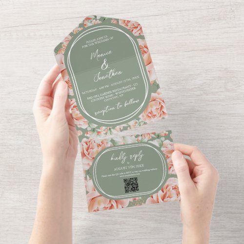 Rustic Watercolor Floral Sage Green Blush Wedding  All In One Invitation