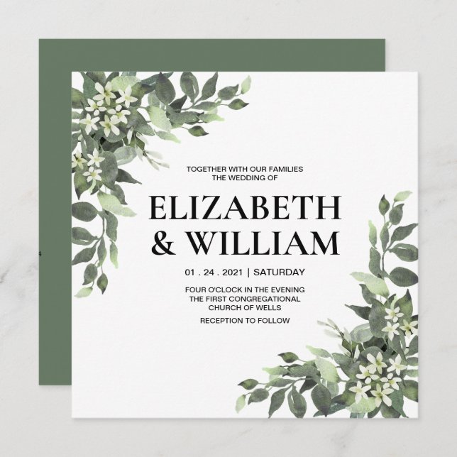 Rustic Watercolor Floral Script Wedding Invitation (Front/Back)