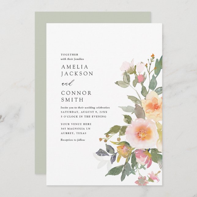 Rustic Watercolor Floral Spring Wedding Invitation (Front/Back)