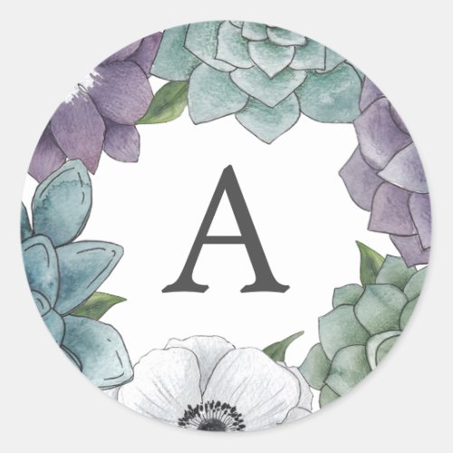 Rustic Watercolor Floral Succulents Monogram Classic Round Sticker