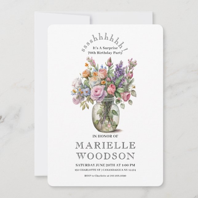 Rustic Watercolor Floral Surprise 70th Birthday  Invitation (Front)