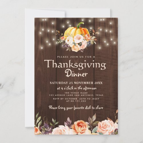 Rustic watercolor floral thanksgiving dinner invitation