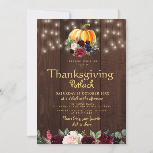 Rustic watercolor floral thanksgiving potluck invitation