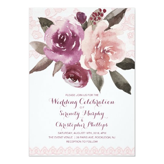 Rustic Watercolor Floral Vintage Lace Fall Wedding Invitation