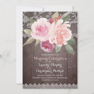 Rustic watercolor floral vintage lace wedding invitation
