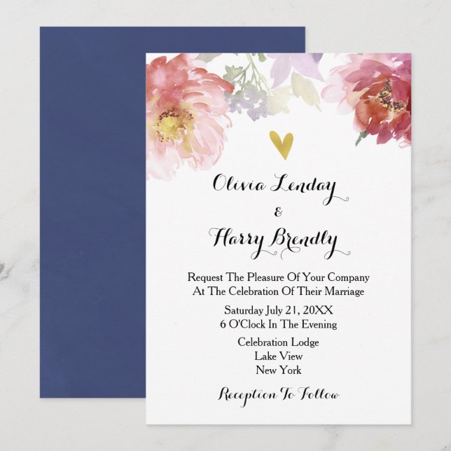 Rustic Watercolor Floral Wedding Invitation | Navy (Front/Back)