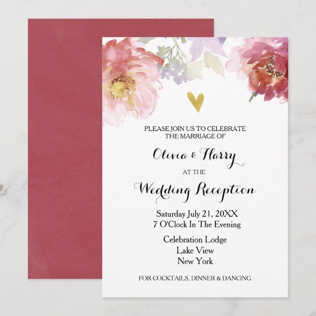 Rustic Watercolor Floral Wedding Reception Card (Front/Back)