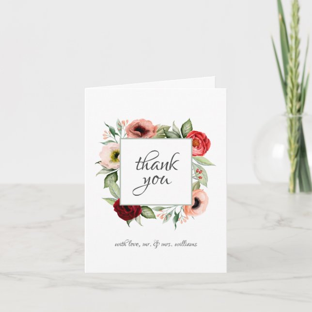 Rustic Watercolor Floral Wedding Thank You Card (Front)